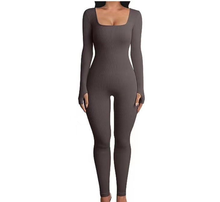 Women's square sollar hip-lifting slim jumpsuit