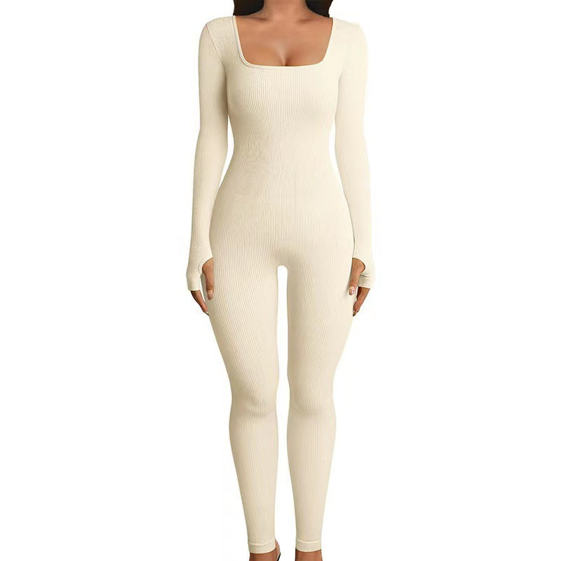 Women's square sollar hip-lifting slim jumpsuit