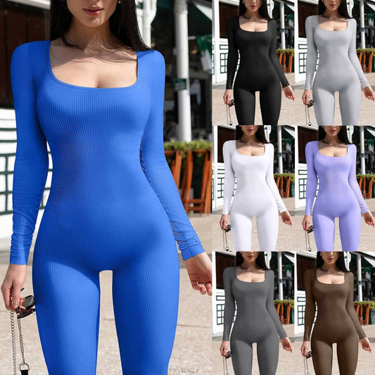Women's square sollar hip-lifting slim jumpsuit