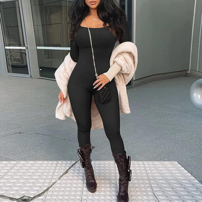 Women's square sollar hip-lifting slim jumpsuit